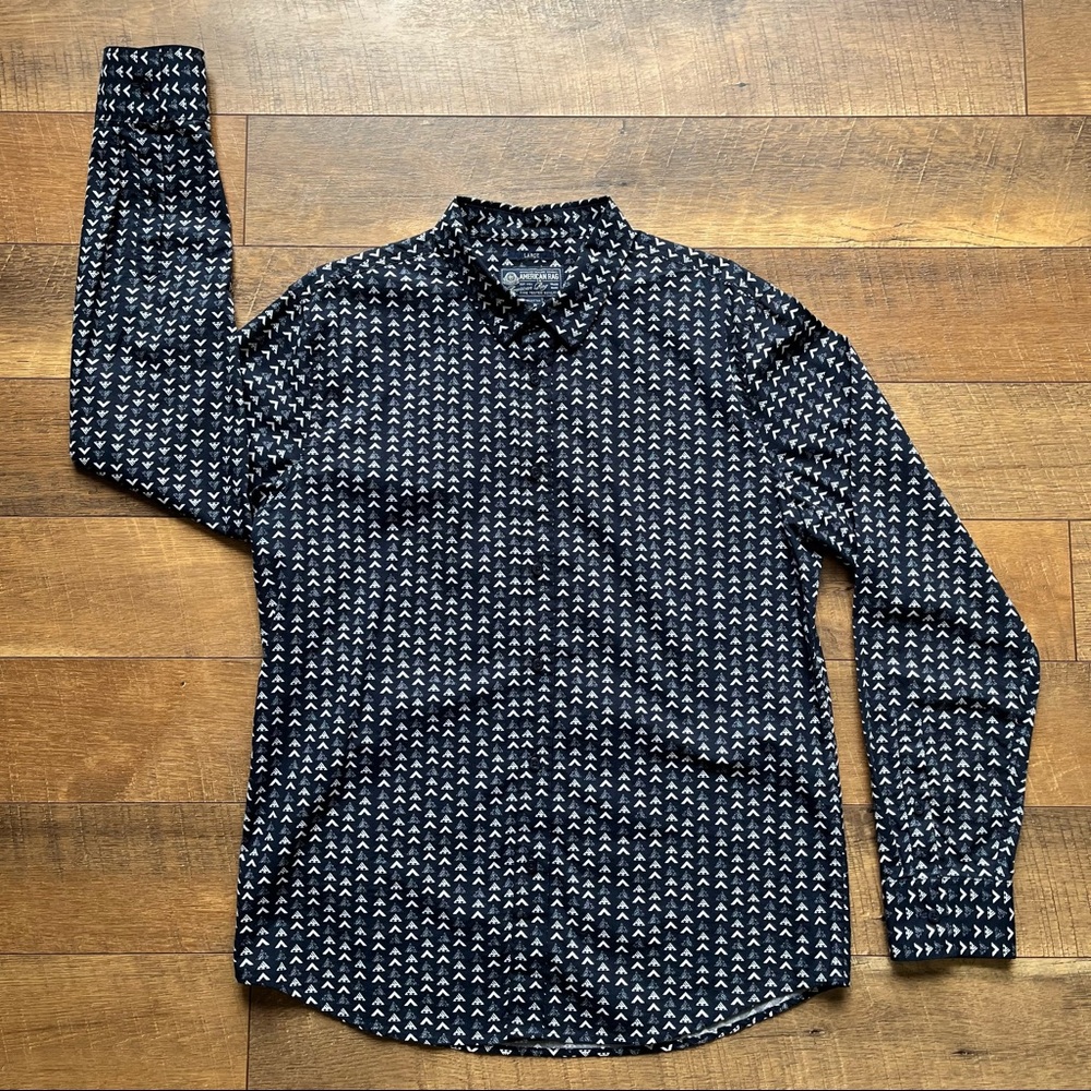 Tribal Button Up Shirt, Navy Blue, Size Large